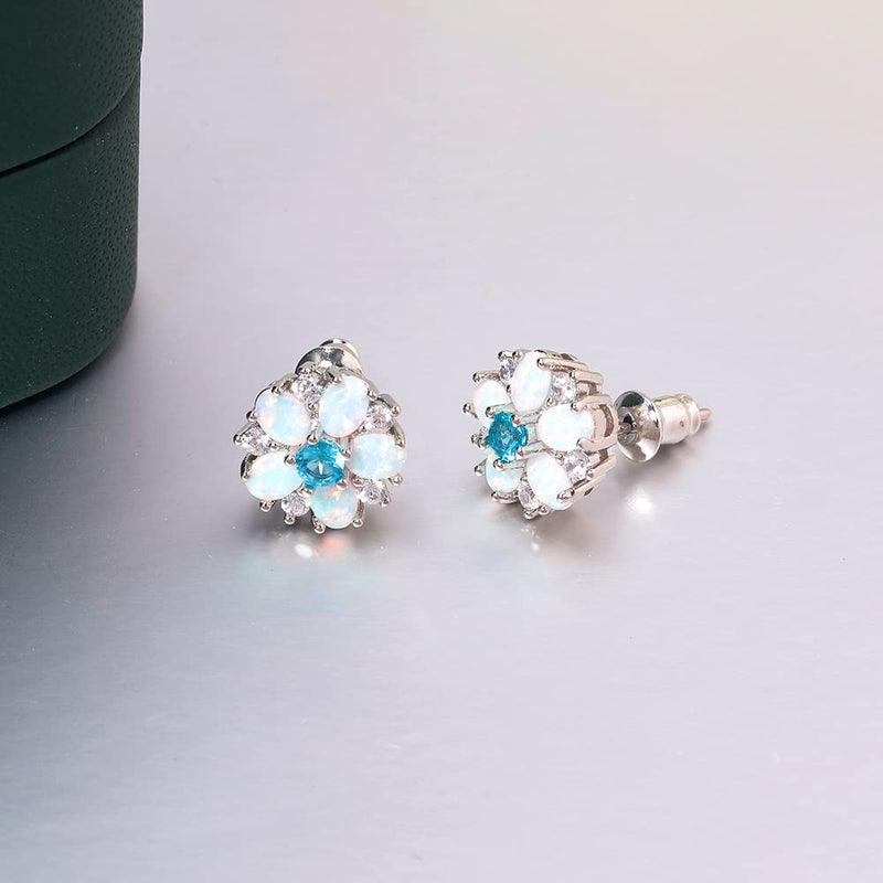 CiNily Flower Earrings,Blue Opal Stud Earrings Sterling Silver Plated Ladies Flower Stud Earrings Cute Unique Earrings - Image 5